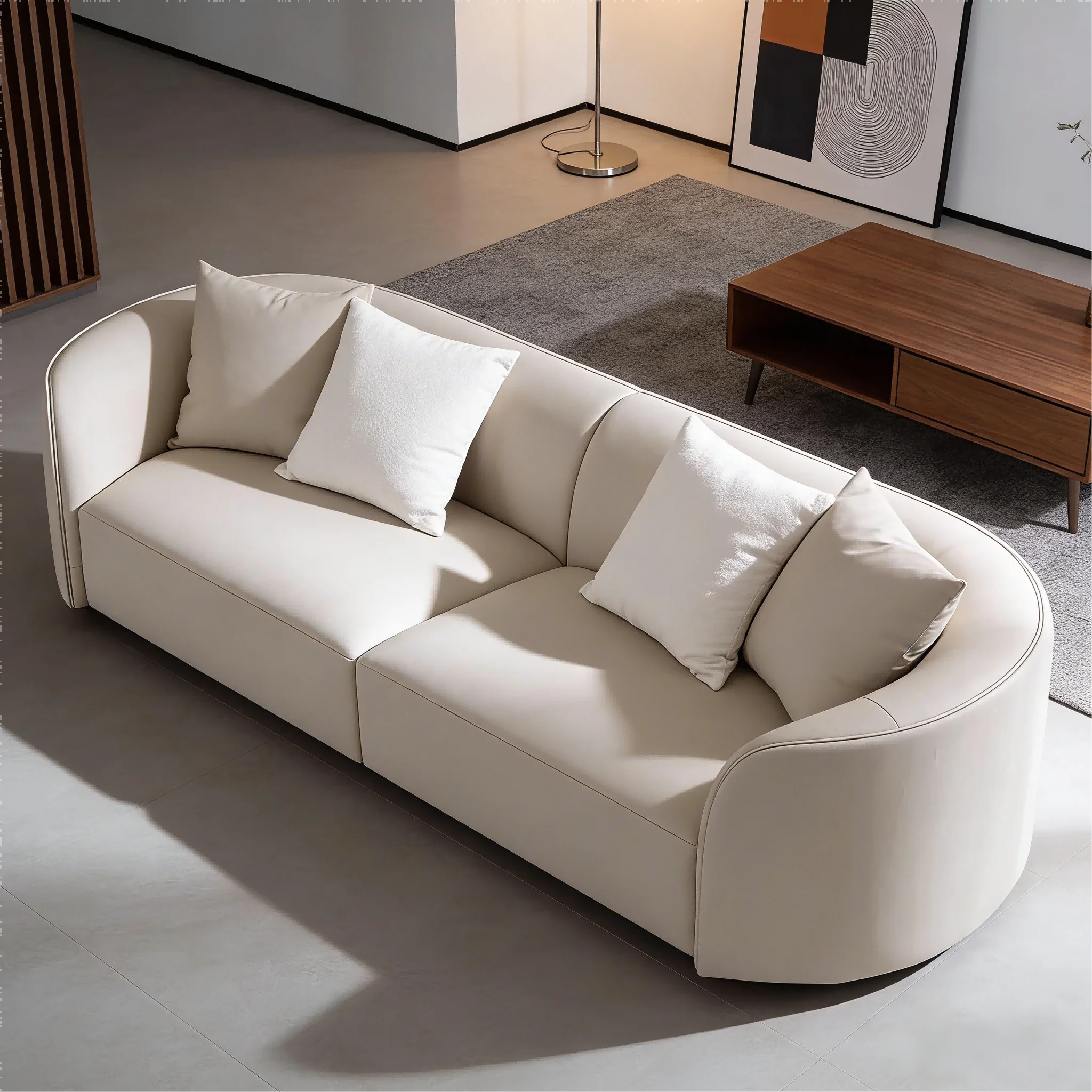 Light Beige Fleece Modular Two Seat Multi-pillow Sofa Set Minimalist Light Luxury Style Living Room Simple Shape Fabric Sofa