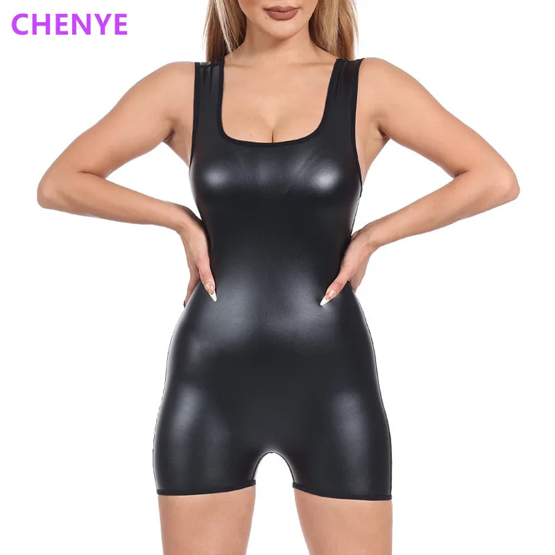 

Women's Leather Shorts Bodysuits One Piece Outfits Sexy Shapers Sleeveless Tank Top Jumpsuits Rompers Playsuits Party Club Night