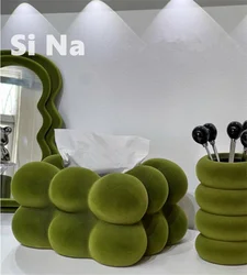 Retro Velvet Ceramic Green Red Tissue Box Large Bubble Ball Shape Desk Table Home Room Storage Ornament Box