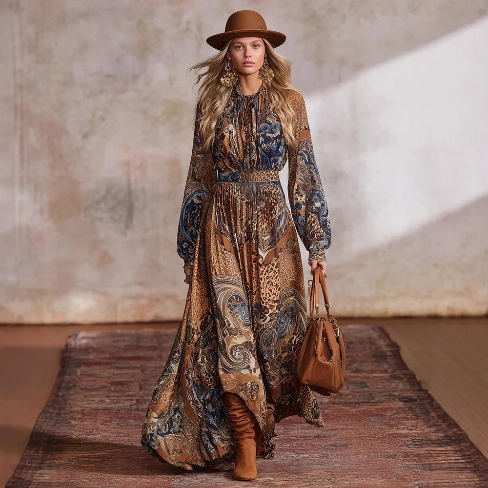 Immagine 3: Abito lungo da donna con stampa boho, collo a lupetto, maniche lunghe a sbuffo, vita elasticizzata, orlo fluido a trapezio, stile vintage, per vacanze e feste