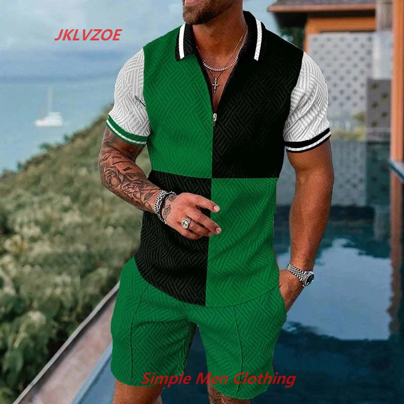 Men's Lapel Polo Shirt + Shorts 2 Piece Set Soft Comfortable Fashion Striped See Through Pattern Sportswear High Quality Suit