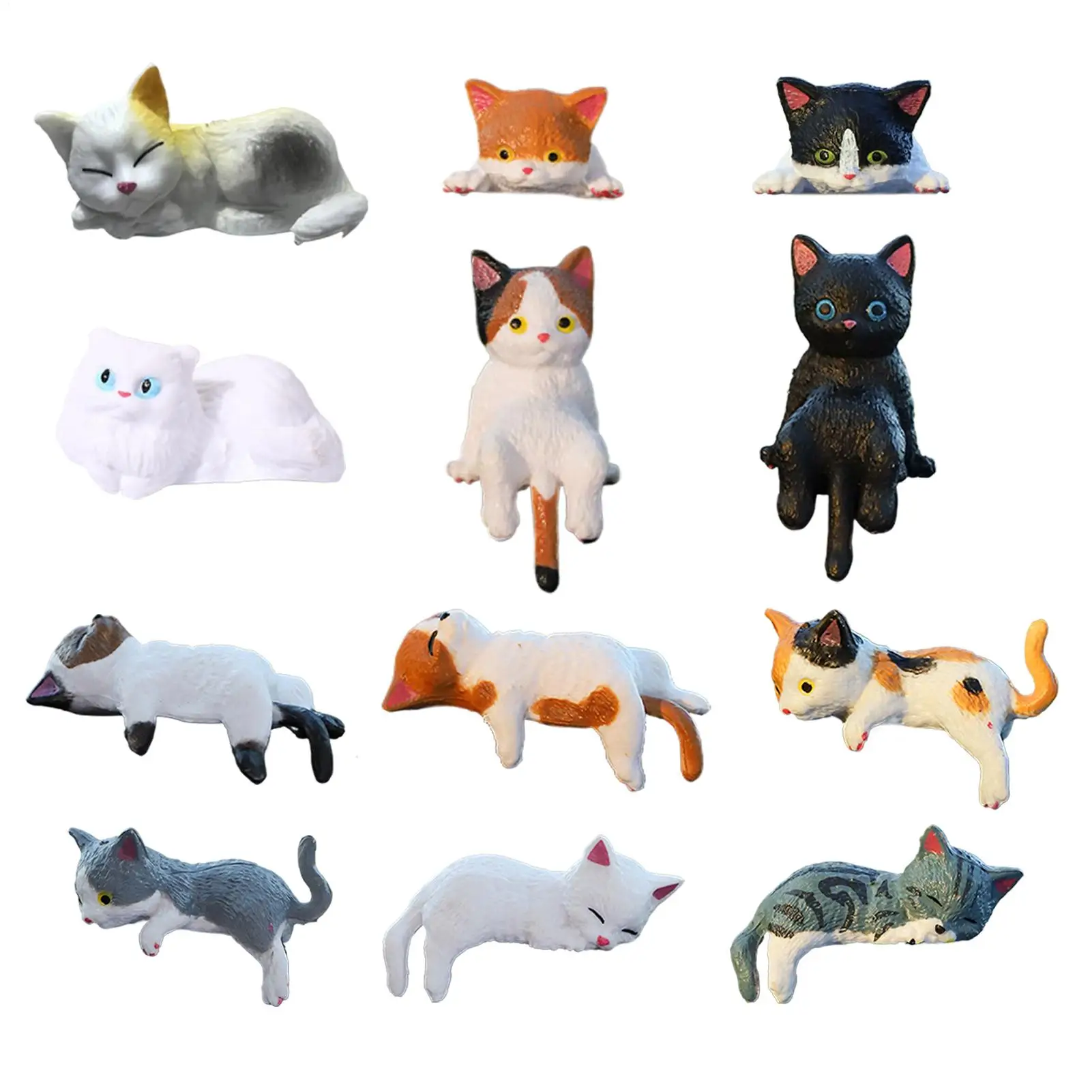 12pcs Mini Cat Figurines Desktop Decoration Resin Cat Ornament Cat Car Rearview Mirror Center Console Dashboard Car Accessories
