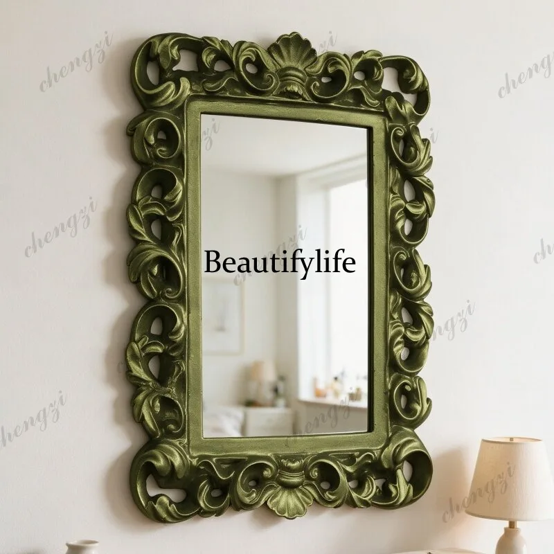European retro carved rectangular makeup mirror wall-mounted dressing mirror living room bedroom decorative mirror