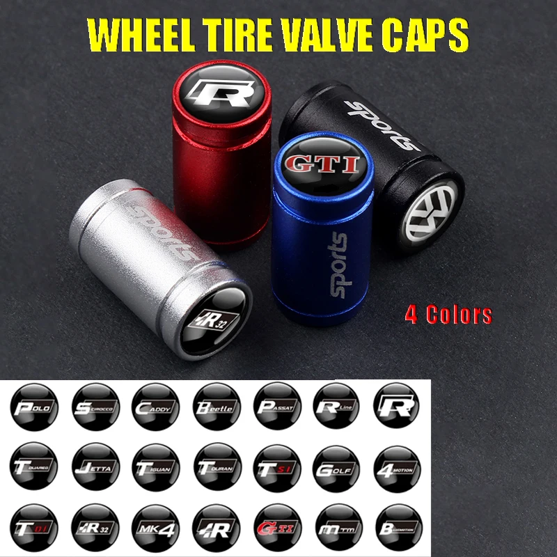 4Pcs Metal Car Wheel Tire Valve Stem Caps Covers Auto Accessories For Volkwagen Rline GTI TSI Tiguan Touron Polo Golf Mk4 CADDY