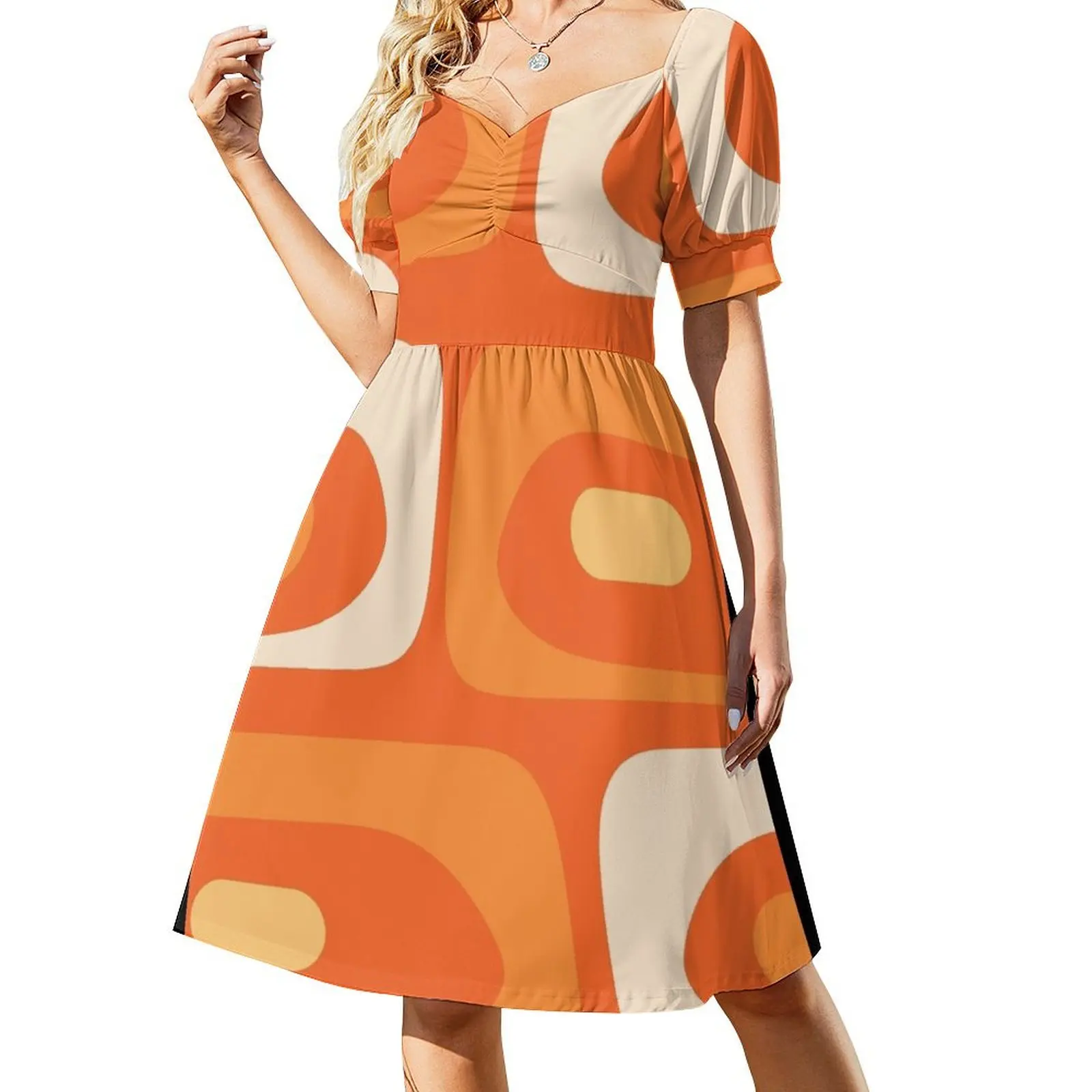 

Mid Century Modern Piquet Abstract Pattern in Orange Tangerine Yellow Cream Short Sleeved Dress dress Women's skirt Dress