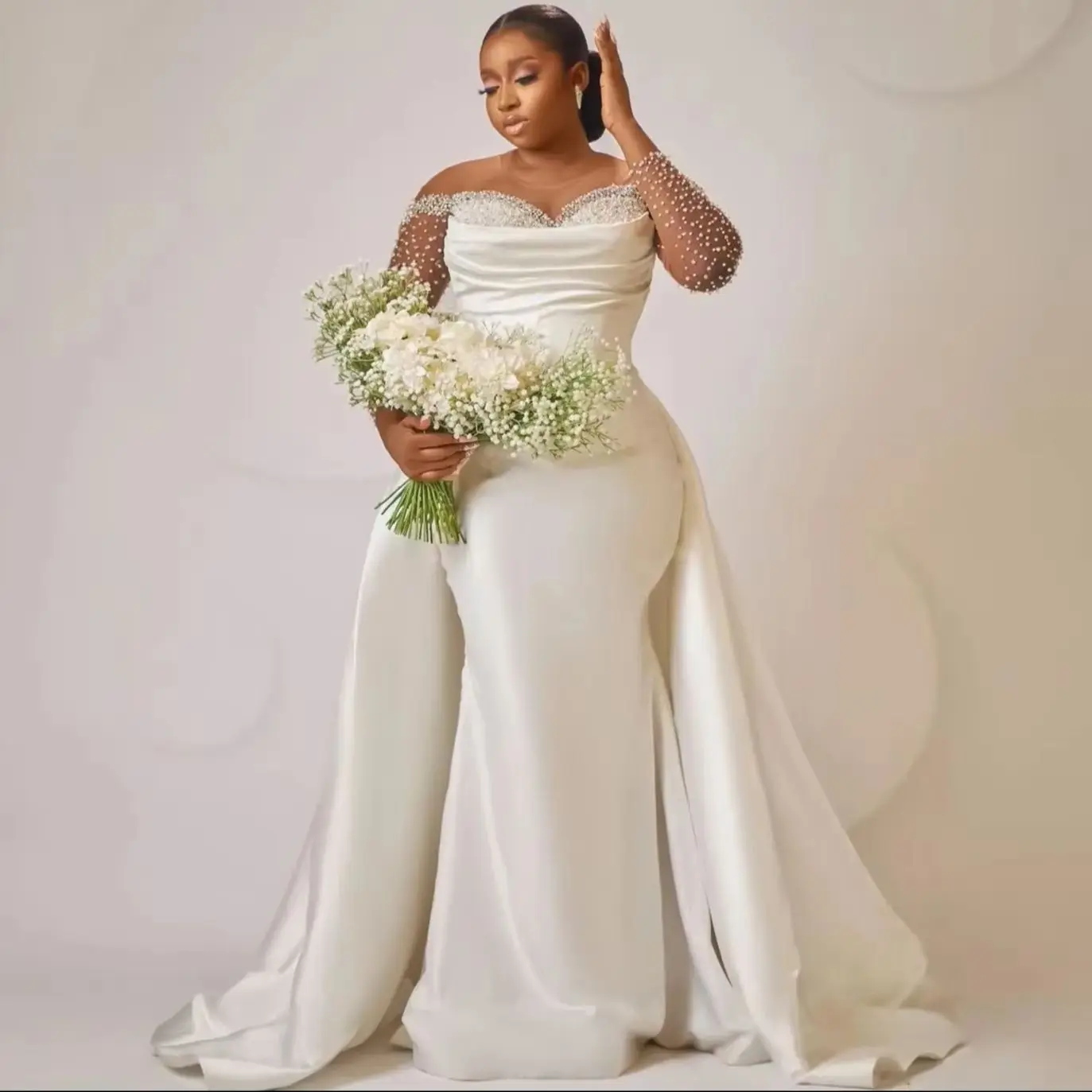 

Beautiful White Mermaid Wedding Dresses Beaded Crystals Detachable Train Bridal Gowns Dress