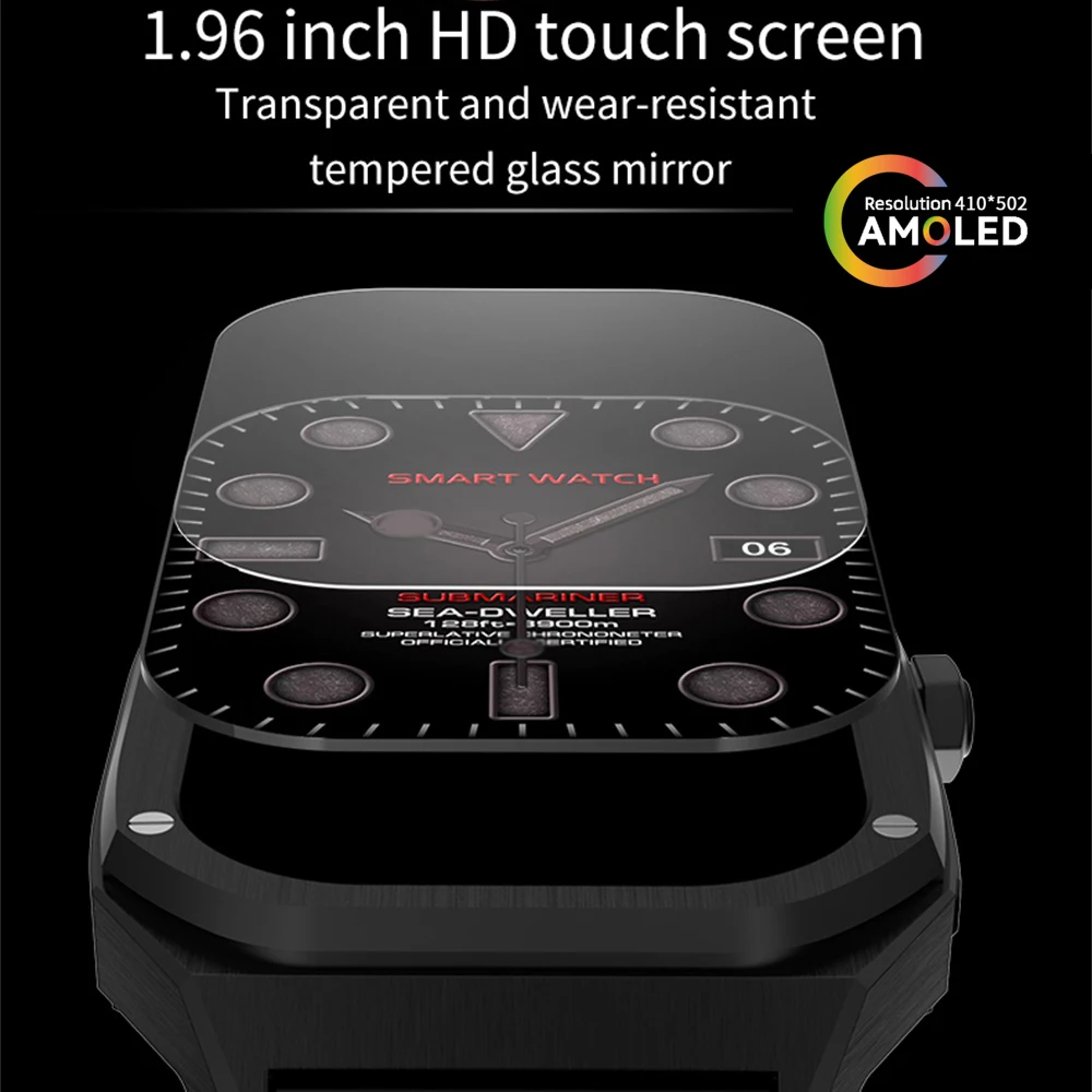 男性用スマートウォッチ,1.96インチ,ブルーの防水スマートウォッチ,通話,スポーツ,フィットネス,心拍数,音楽再生,NFC,ファッション,新しい