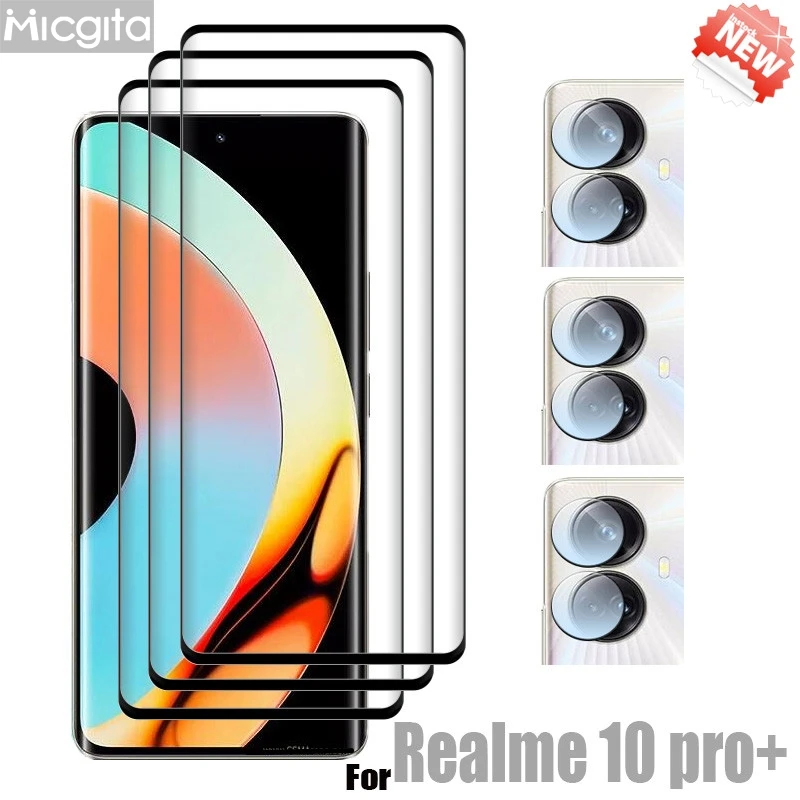 9D Curved Glass Protector For Realme 10 pro+ Tempered Front Film and Soft Fiber Lens film For Realme 10 pro plus