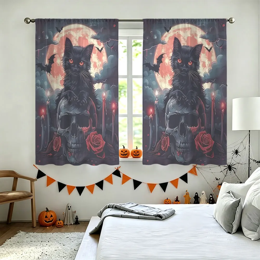 2Pcs Gothic Black Cat Skeleton Rose Moonlight Print Rod Pocket Curtains, Light Blocking Privacy Window Curtains For Living Ro