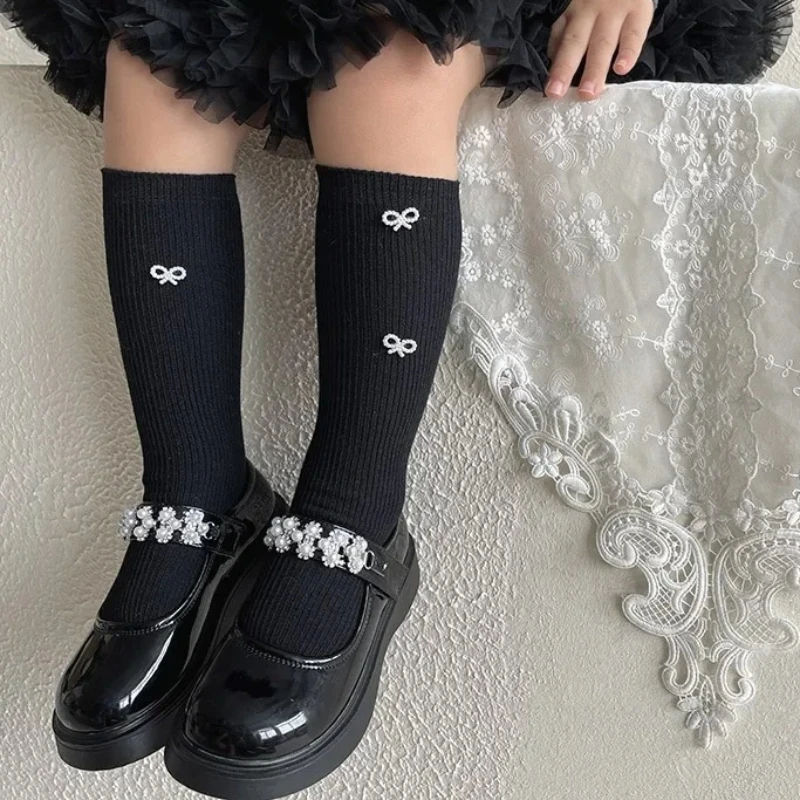 Kids Girls Pearl White Bow Sock Simple Korean Bow New Calf Knee High Long Sock for Children Spring Autumn Cotton School Sock