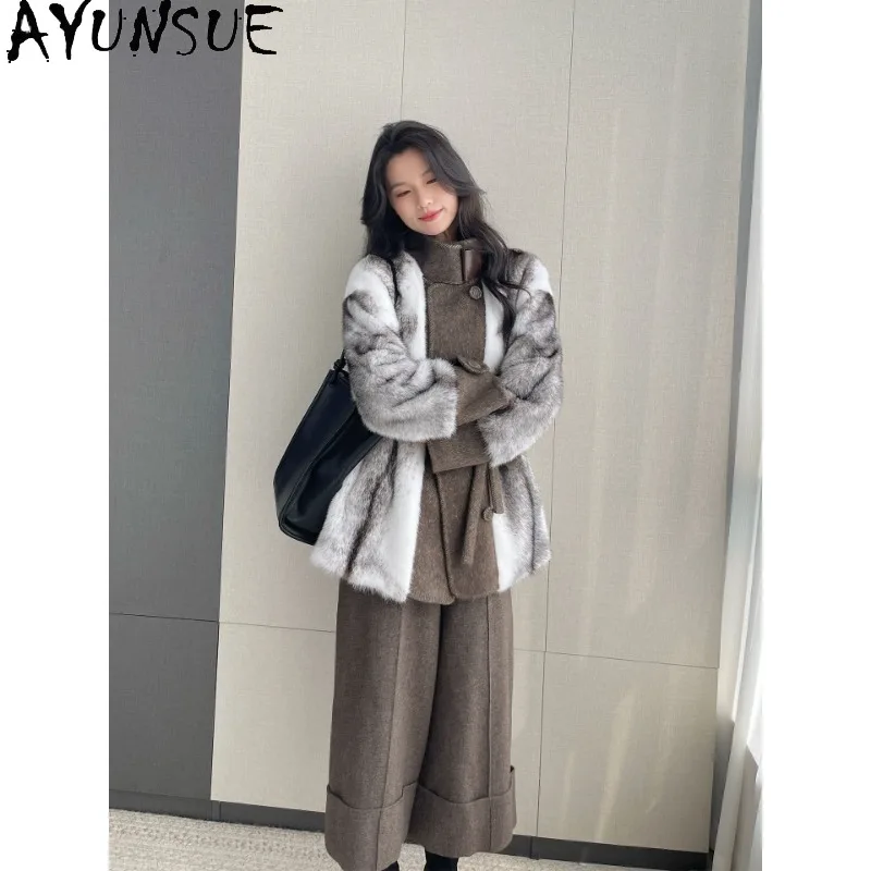 AYUNSUE Cross Female Mink Coat Women Clothes Mid-long Winter Jacket Double Sided Woolen Womens Coats Fashion Warm Outerwears