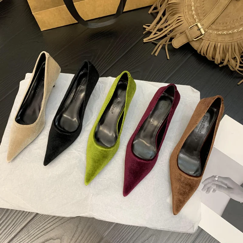 Women Low Heel Pointed Toe Pumps Velvet Slip-on Cozy Ladies Heeled Shoe Stiletto 5cm Wine Red 2024 Summer High Heels Shoes new