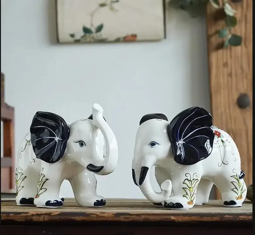 Blue and White Elephant Ornament Ceramic Crafts Animal Decorations Home Accessories Statuette Knickknacks Figurines Statue