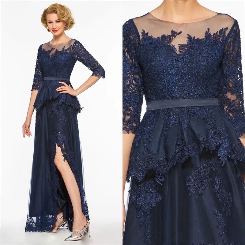 

Dubai Arabic Dark Navy Appliques Lace Stain Mother of the Bride Dresses Sheer Neck Half Sleeve Elegant Evening Formal Gown