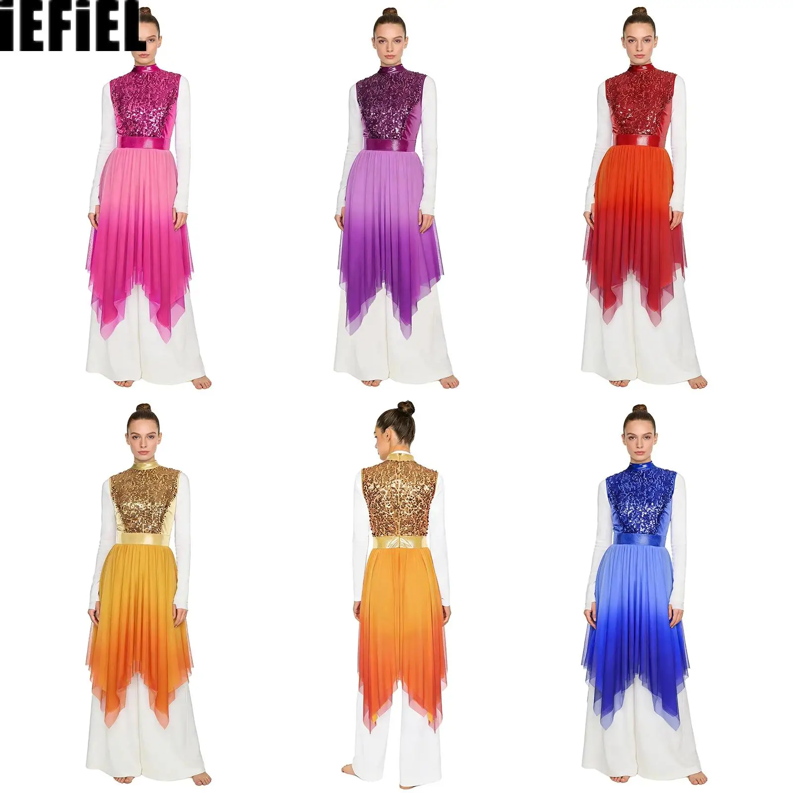 

Womens Glittery Sequined Dance Dress Worship Praise Dress Bodice Gradient Mesh Irregular Hem Lyrical Liturgical Dance Costume