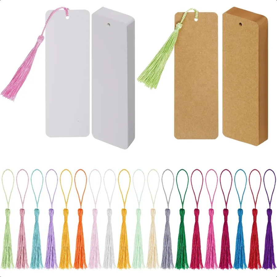 

120 Pcs Kraft Paper Blank Bookmarks with 100 Pcs Colorful Tassels Paper Bookmarks for DIY Art Projects School Supply Gifts Tags