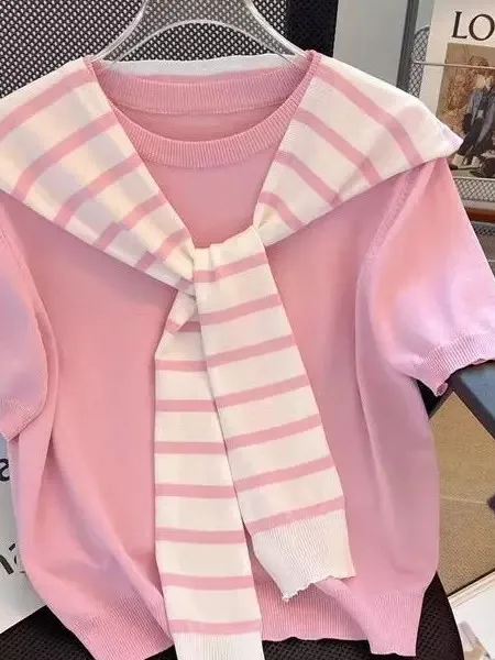 

2026 New Navy Stripe Shoulder Wrap Short Sleeve Knitted Top Women Summer Fashion Casual Versatile Design Sense Upper Body
