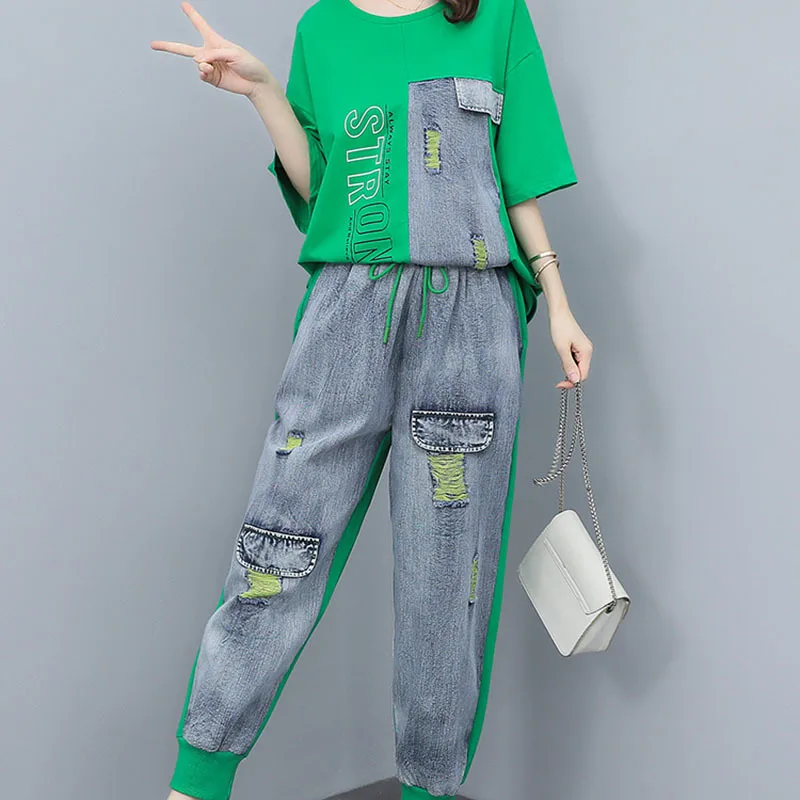 2023 Summer Women\'s Fashion Casual Short Sleeve T Shirts + Jeans  Denim Two piece Set Tracksuits