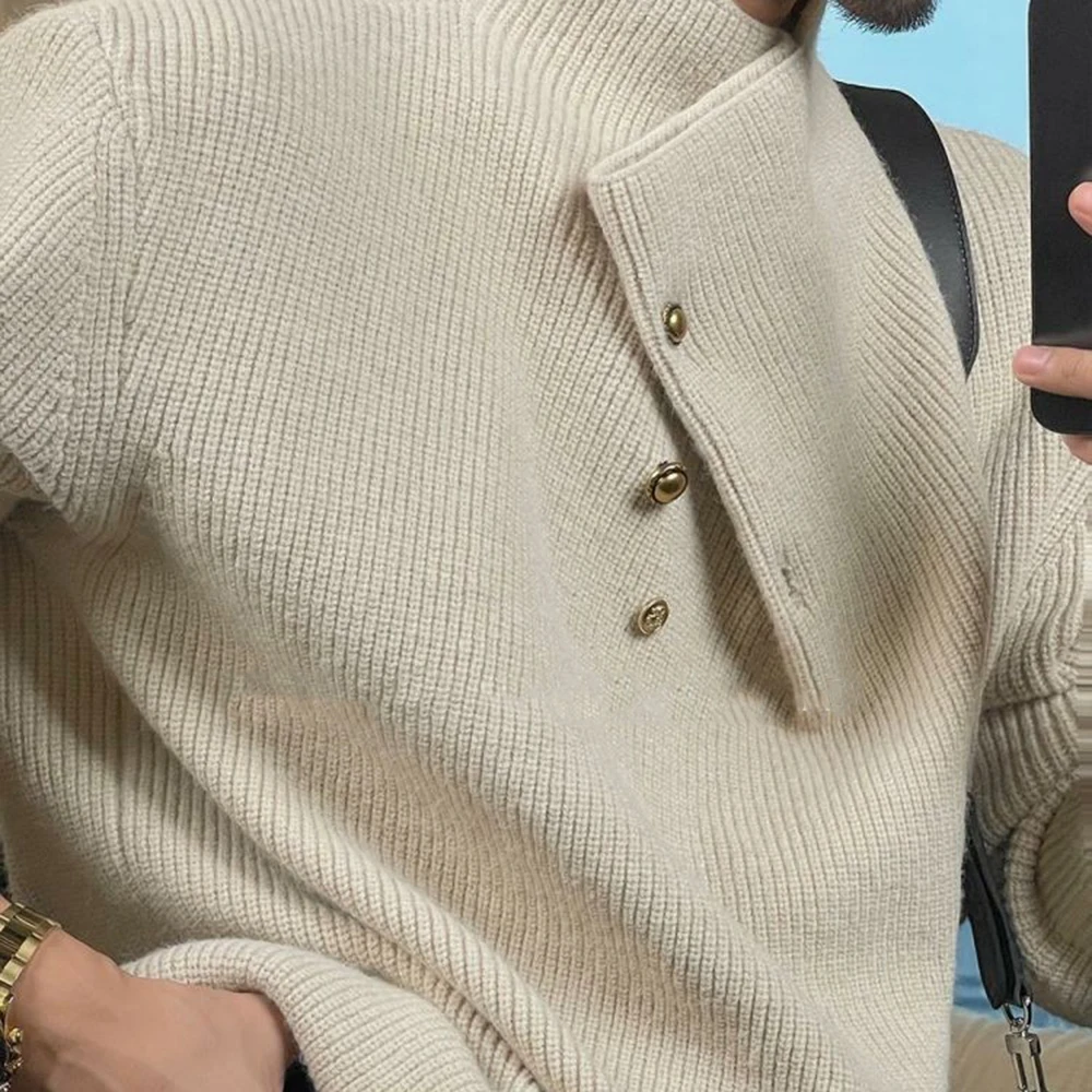 Autumn Winter New Fashion Trend Retro High Collar Button Design Sweater Mens Casual All-Match Loose Knit Sweater Mens Clothing