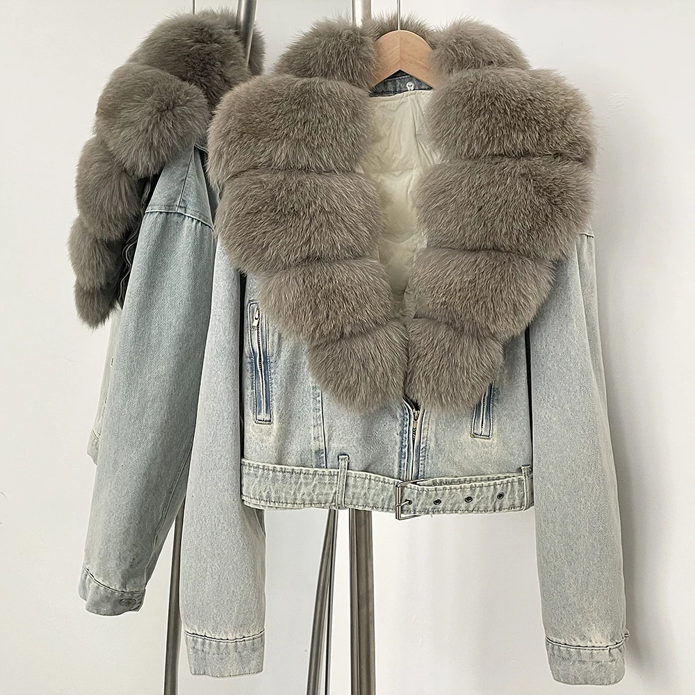 Down Jacket Autumn Puffer Jacket Fluffy Real Fox Fur Collar Short Denim Jacket Female Mongolian Fur Thick Warm Jean Jacket Women