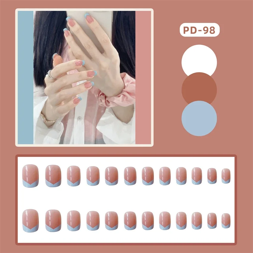 24Pcs/Set Sweet Girls Temperament Fake Nails French Adhesive Acrylic Press on Nails Removable Hand Wearing False Nails Tips