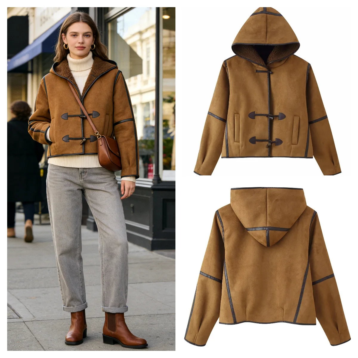 

Женская одежда: осенне-зимняя замшевая куртка с капюшоном и длинными рукавами на пуговицах-клевантах, женская коллекция Весна 2026, новая ретро-модель