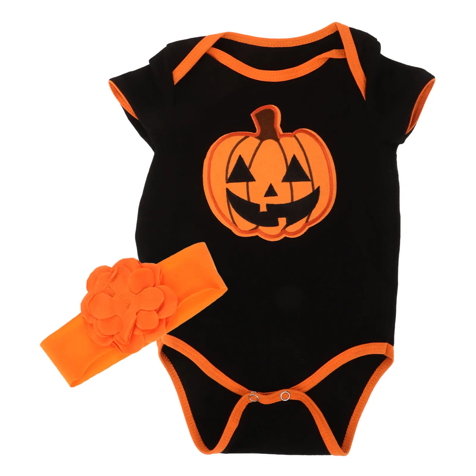 Newborn Baby Halloween Pumpkin Romper Set Orange Short Sleeve Headband Infant Fall Party Outfit First Halloween Costume