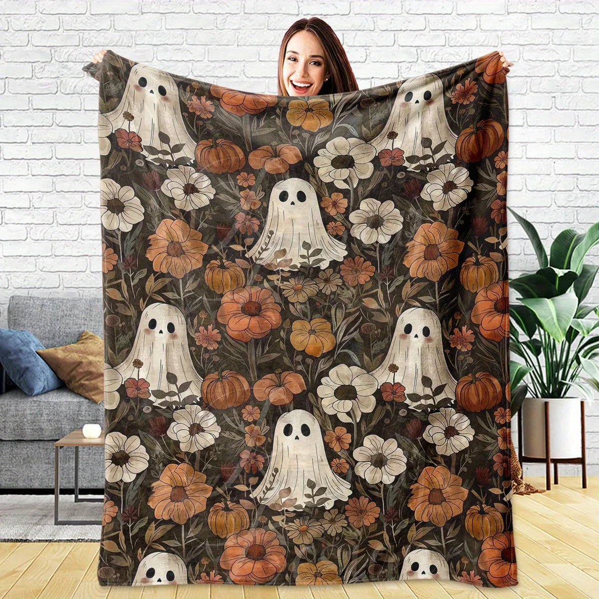 Autumn Fall Pumpkin Ghost Blanket Throw Seasonal Halloween Harvest Decor Cozy Throw for Living Room Home Gift