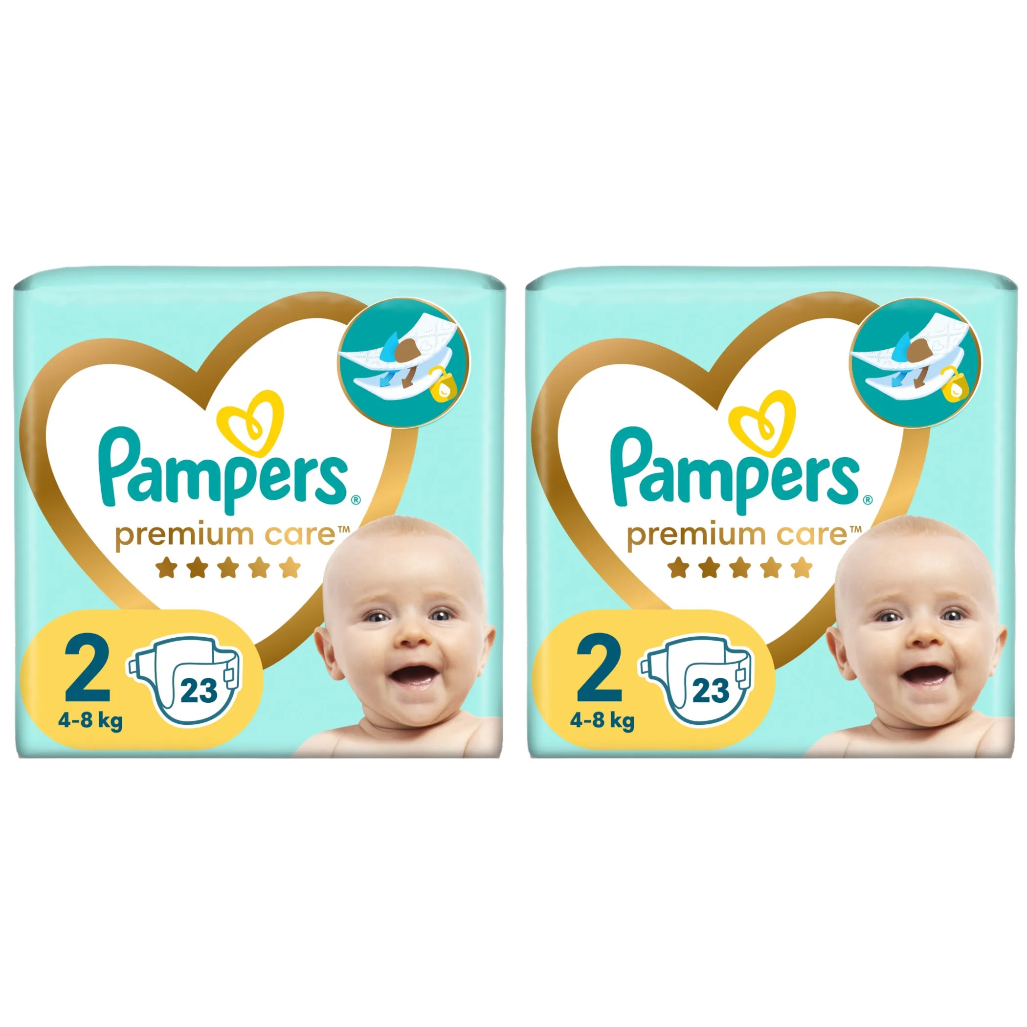 2x Pieluchy PAMPERS Premium Care roz 2 (4-8 kg) 23 szt