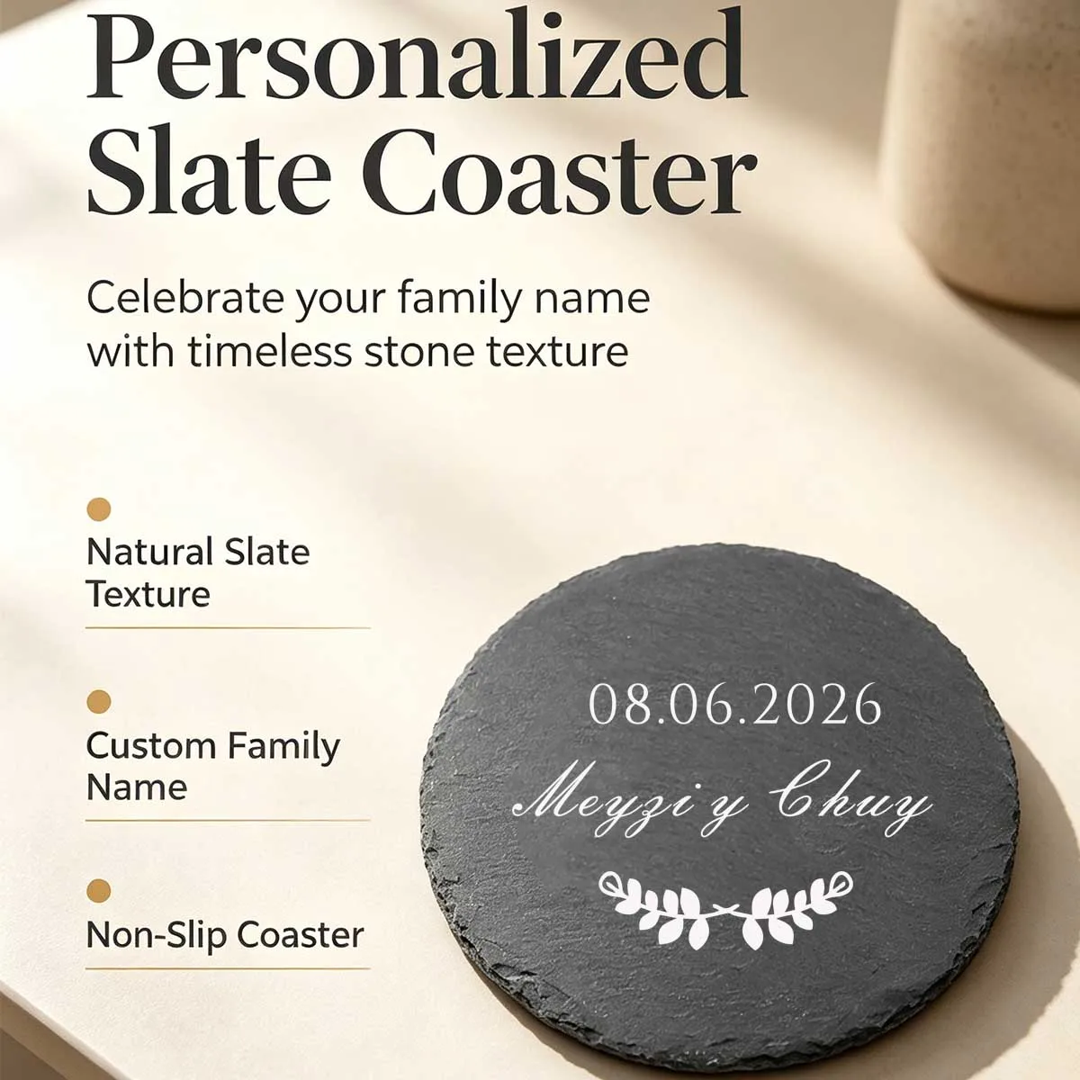 6 Pieces Slate Drink Coasters, 4 Inch Personalized Black Coasters Stone Coaster Set, Engraving Blanks, Scratch Resistant Bottom