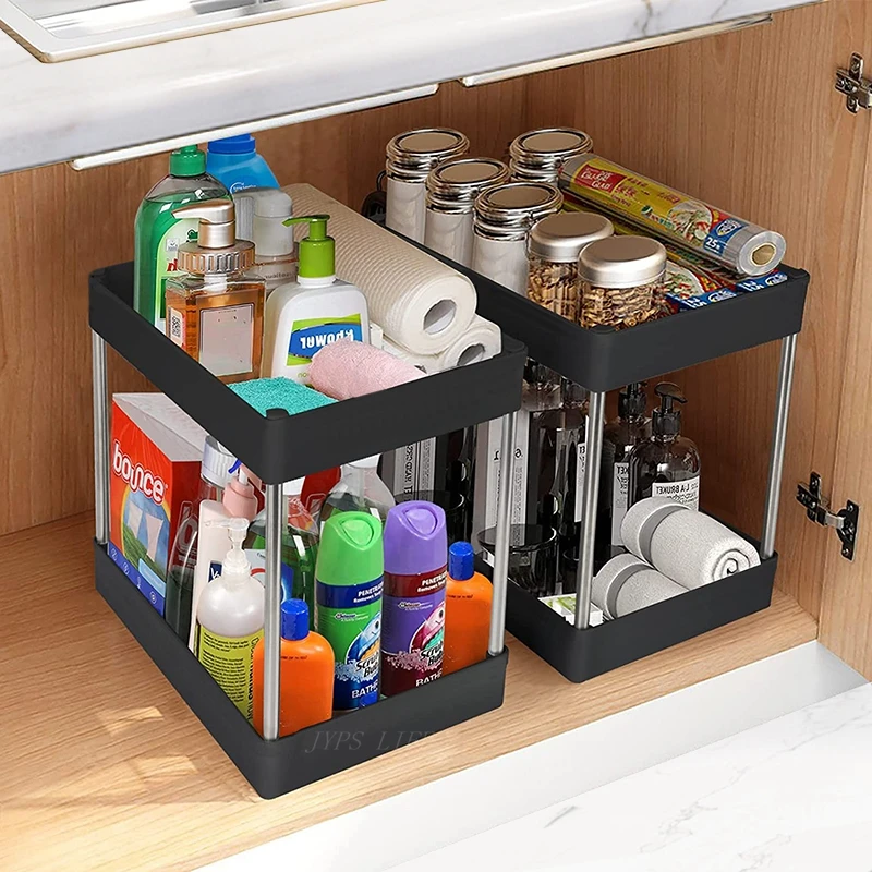 Organizer estraibile a doppio ripiano, cestello scorrevole a forma di R, ripiano regolabile anti-umidà per cucina e bagno, espansore di spazio ad alta capacà, disponibile in nero e bianco | SHEIN ALIA