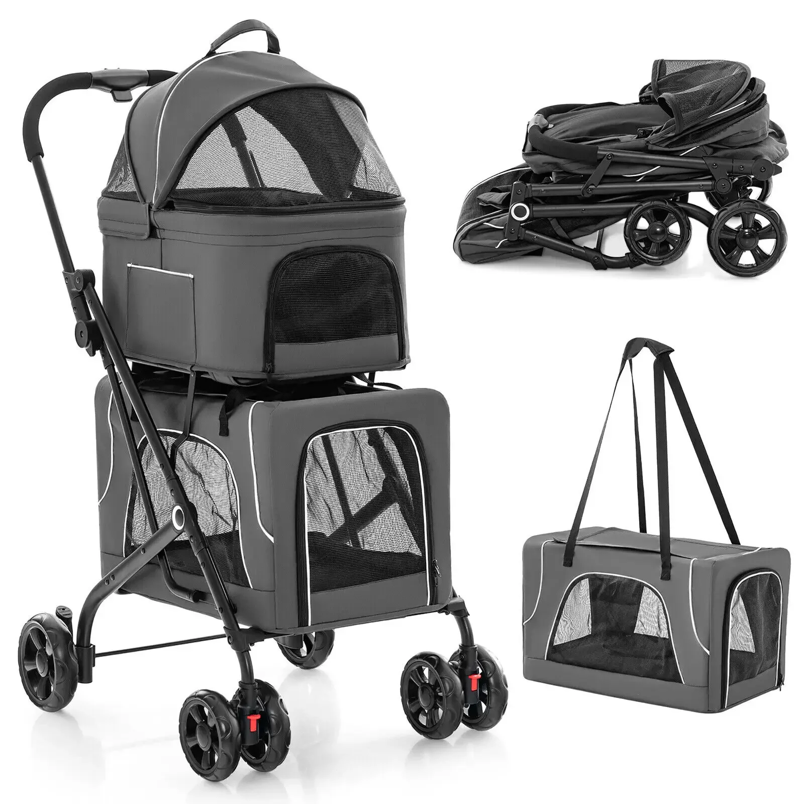 Double Pet Stroller for 2 Dogs or Cats w/ 2 Detachable Carriers Safety Belt Gray