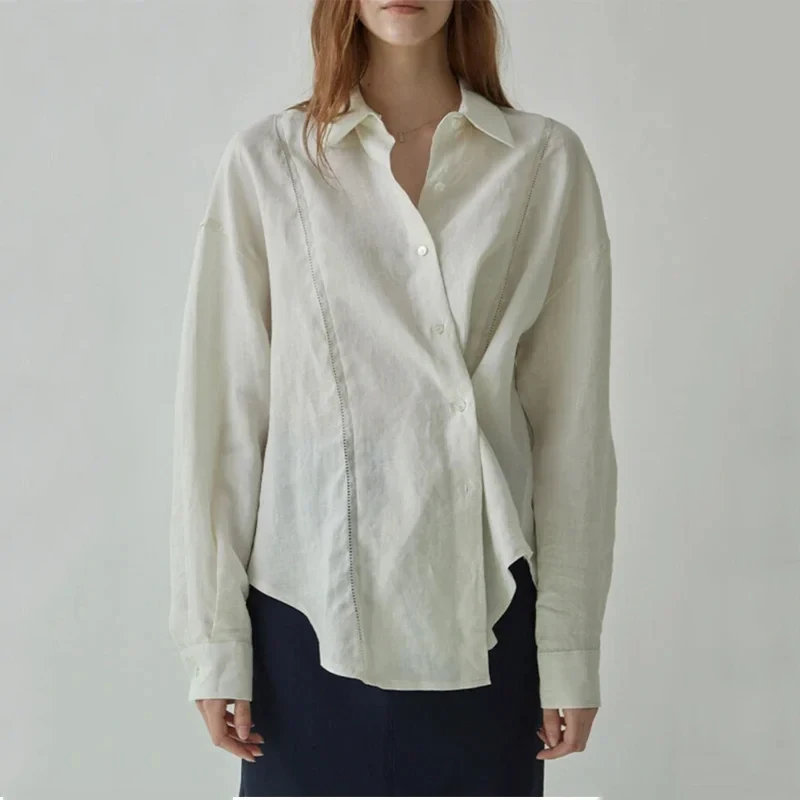 L0w Cl@ssic 24SS Women's Shirts Linen Single Breasted White Blouse Women's New Wave Design Shirts Cotton Shirts Women Tops