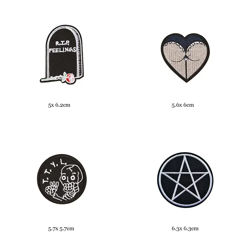 1pc Black White Biker Patches for Clothes Iron on Clothing Letter Appliques Skull Star Stripes Embroidered Sticker Round Badge