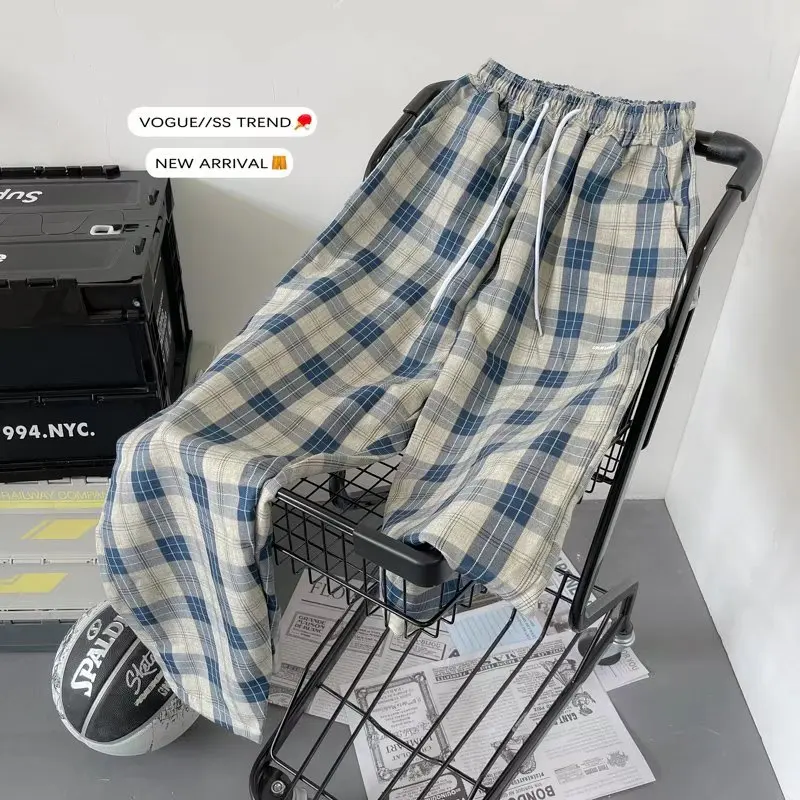 

Spring Men's Casual Loose Fit Dstring High Waist Sports Pants Retro Plaid Slimming Trousers Straight Leg Polyester Fiber