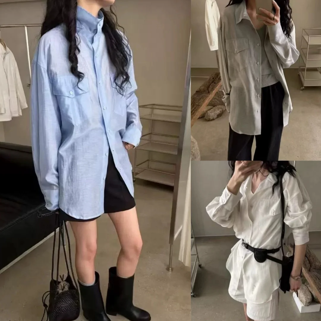Lake Side Korean Style Casual Loose Long Sleeve Silk Shirt Thin Transparent Sun Protection Dark Stripe Pattern Women's Premiu...