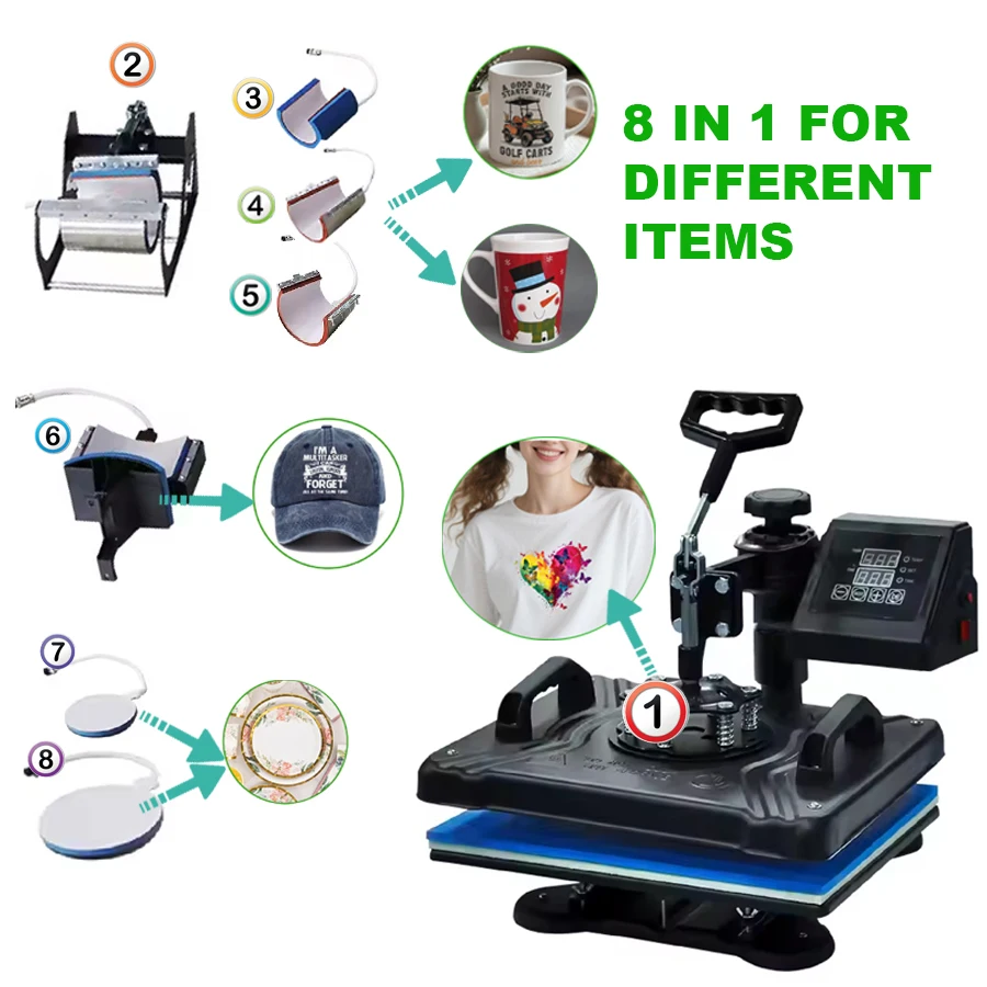 Multifunctional 8 in 1 Heat Pressing DTF Transfer Machine for Textile Cups Mugs Hats Plates Different Size
