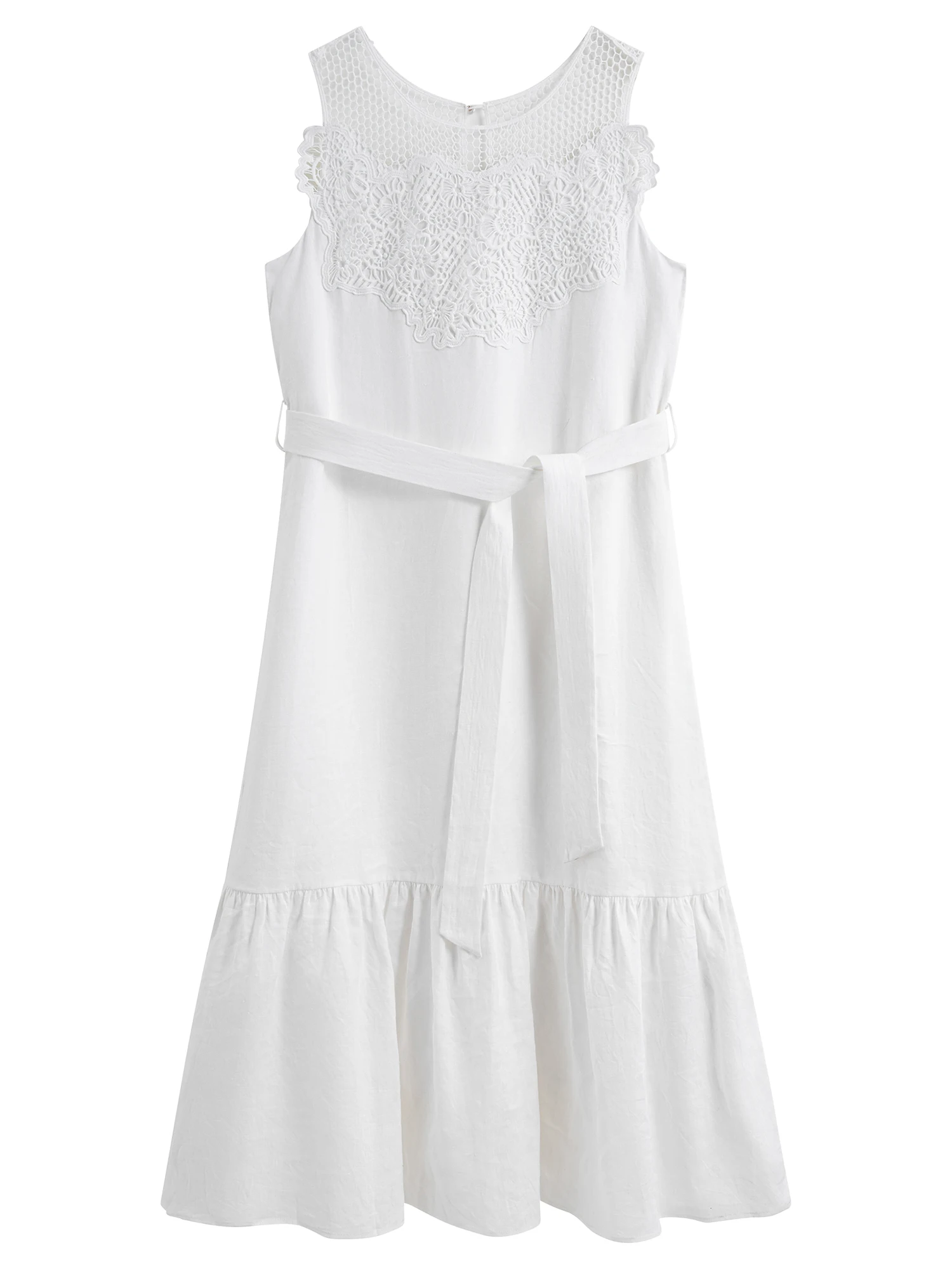 FSLE【Premium Series】100% Linen Holiday Style Sleeveless White Long Dress Women Summer A-LINE Dress With Sashes 25FE12046