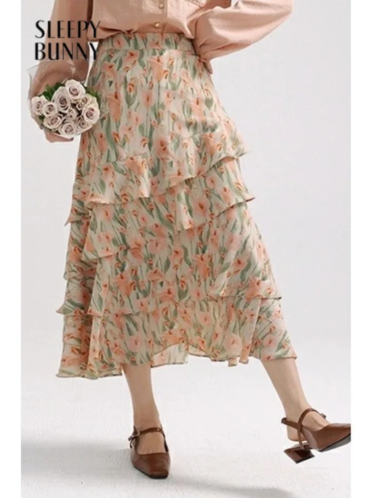 

Floral Ruffle Maxi Skirt for Women High Waist Chiffon Layered Long Skirt Elegant Boho Style Summer Beach Outfit Korean Fashion