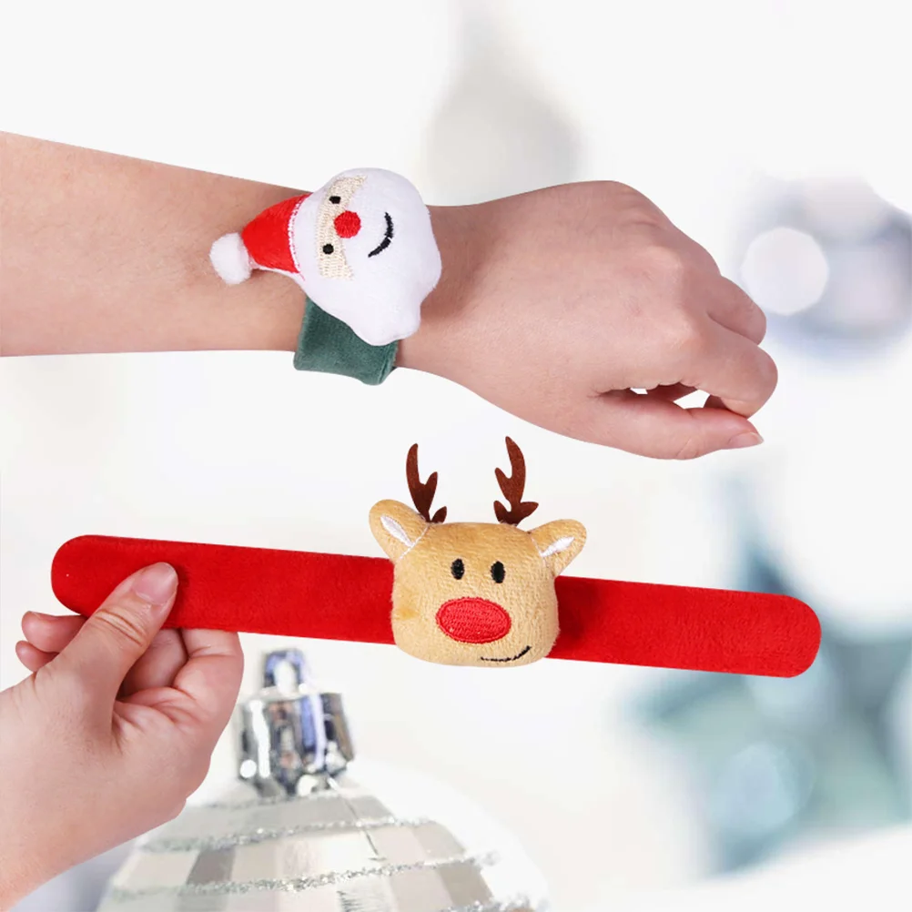 8pcs Plush Christmas Snap Bracelet Santa Hat Snowman Design Wristband Patting Hand Band Elk Slap Bracelet Party Favor Funny Gift