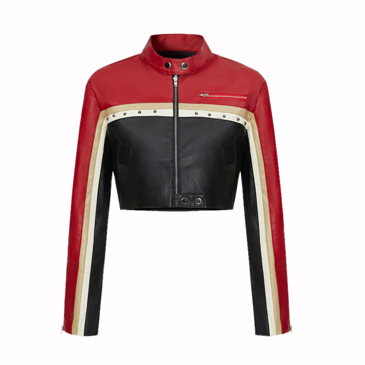 Giacca da donna in ecopelle primavera autunno nuova punk moto Core Color Block cerniera con borchie dettaglio crop cappotto corto in PU capispalla corto