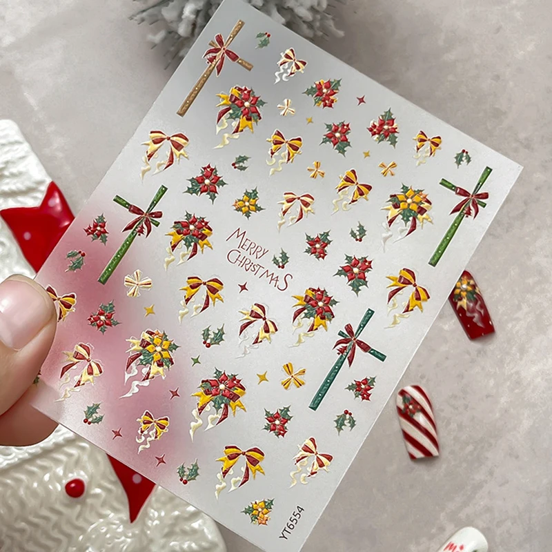 1 Arkusz Naklejek na Paznokcie z Motywem Świątecznym Kokardki, Naklejki Kawaii do Zdobienia Paznokci, Akcesoria DIY na Nowy Rok, Naklejki do Manicure