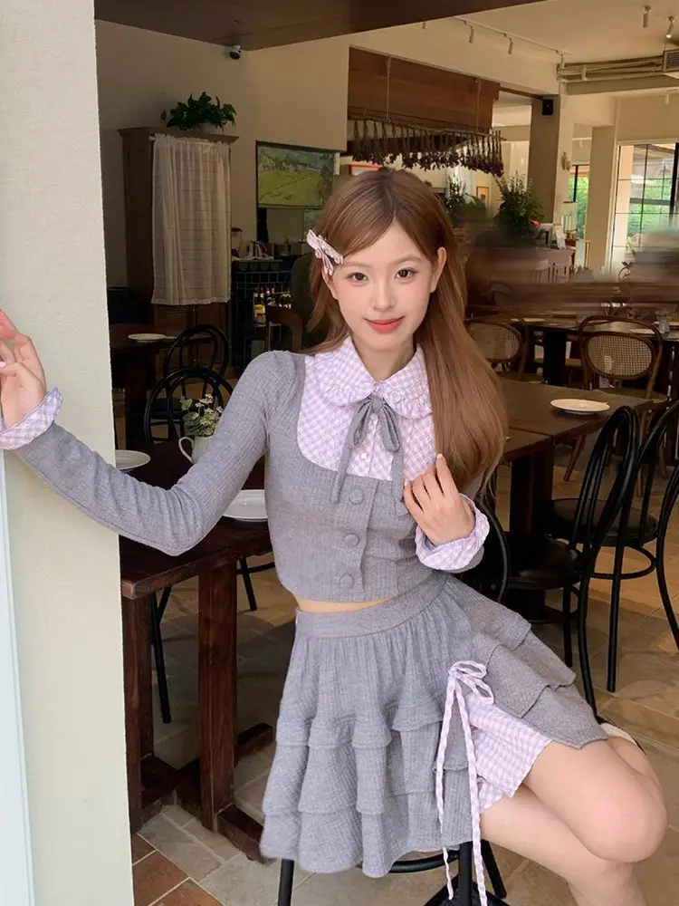 

Elegant Sweet Peter Pan Collar Bow Top Women+ Y2k High Waist Ruched Split Skirts 2025 Autumn Winter New Two Piece Sets
