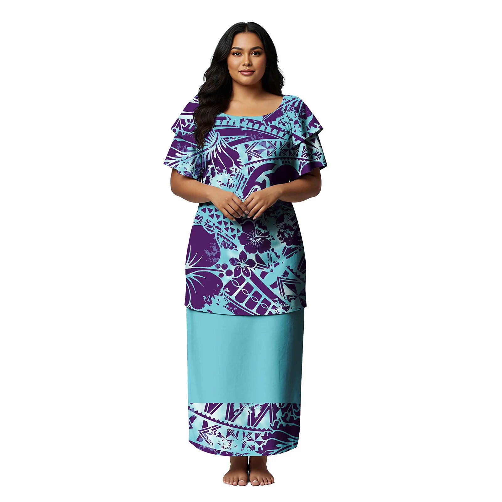 Vintage Design Custom Clothes Women Plus Size Samoan Dresses Polynesian Puletasi 2 Piece Set Hawaiian Casual Prom Skirts Ladies
