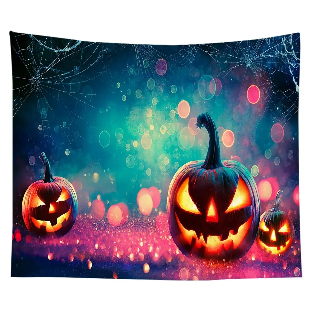 VIKAMA Halloween Wandteppich Spinnennetz Gruseliges Schloss Kürbis Matrix Orange Schwarz Wohnzimmer Dekoration Party Wohnheim Thema