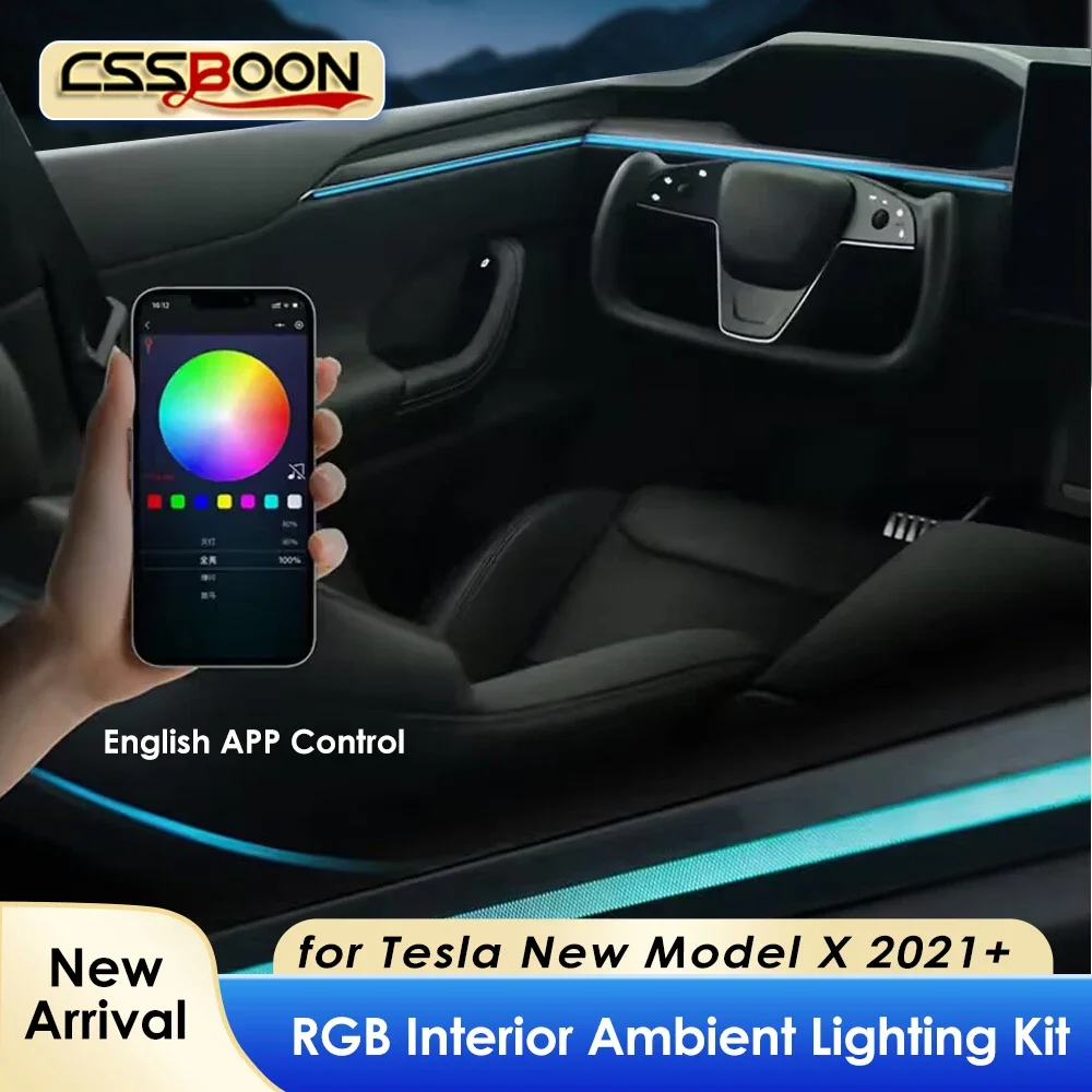 RGB Interior Ambient Lighting Kit for Tesla Model X 2021+ APP Control Multi-Color LED Dashboard Door Ambient Lights