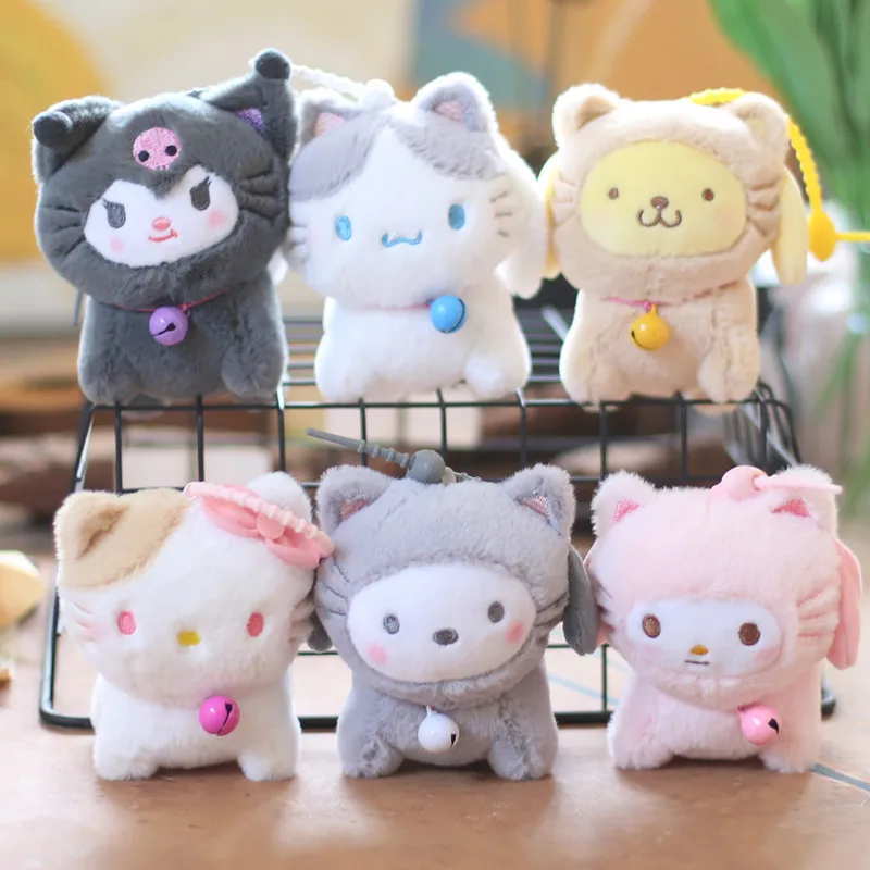 10cm Sanrio Characters Transforming Into A Cat Plush Toy Keychain Cute Hellokitty Kuromi Pendant Doll Accessories Kids Gift