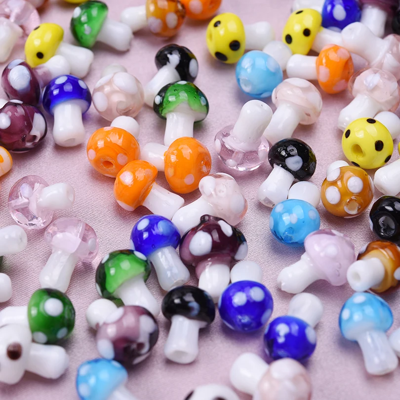 11PCS Colorful Mushroom Beads Glass Charms Loose Spacer Beads for Jewelry Making DIY Bracelets Necklace Earrings Accessories