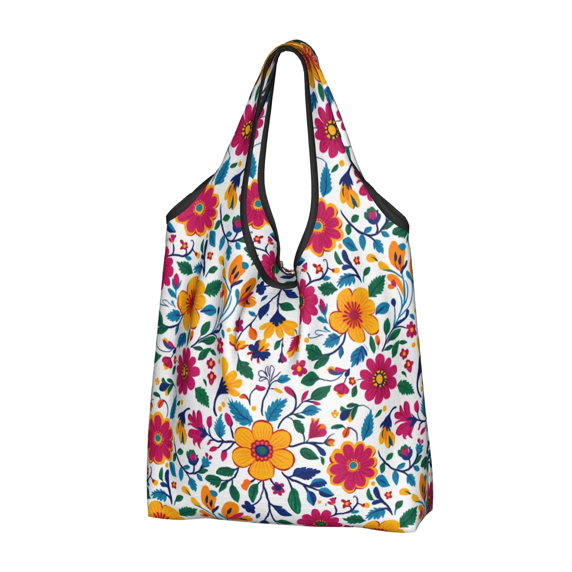 Fashion Bright Mexican Otomi Floral Shopping Tote Bag Portable  Grocery Shoulder Shopper Bag