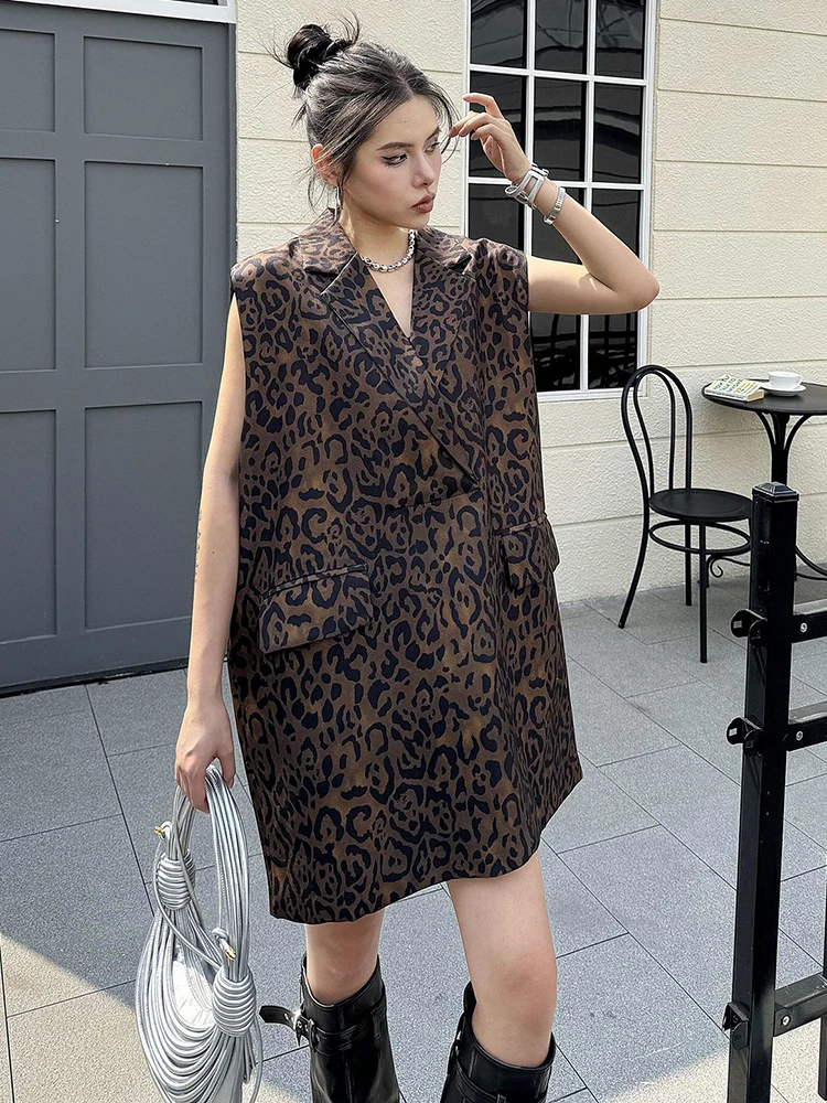 [EAM] Women Leopard Print Big Size Casual Vintage Mini Vest Dress New Lapel Sleeveless Fashion Tide Spring Autumn 2024 1DH5205